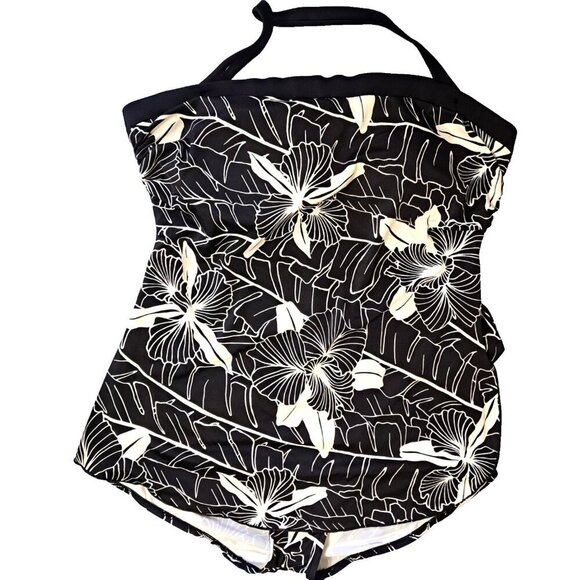 Maxine Of Hollywood Women's 18W One-Piece Black White Bandeau Halter Swimsuit - Picture 1 of 8